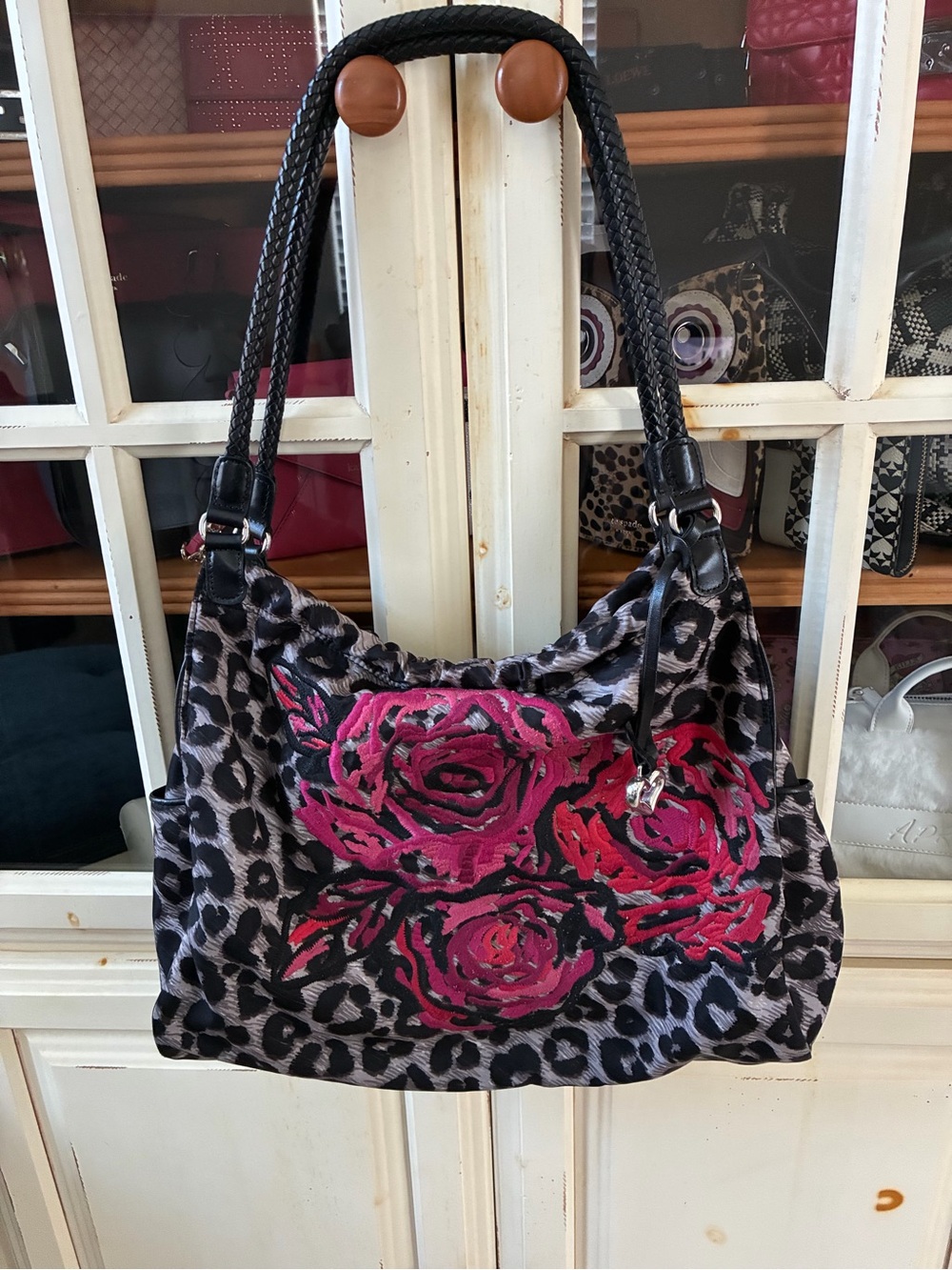 Brighton Black Leopard Shoulder Bag with Pink Rose Embroidery